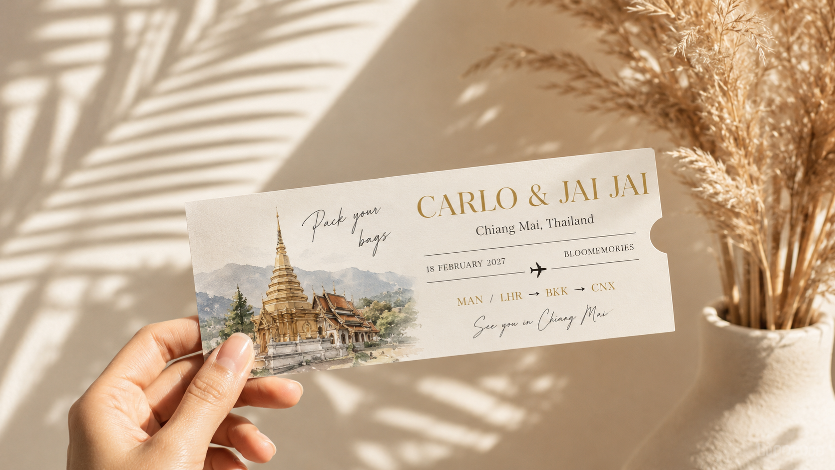Carlo and Jai Jai wedding travel ticket